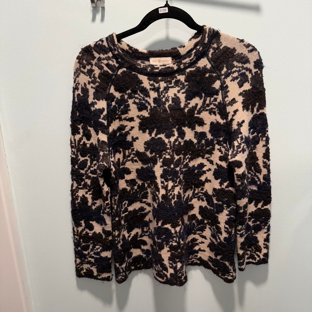 Tory Burch Sweater Floral Jacquard Navy Cream Medium Mohair Blend Work Office